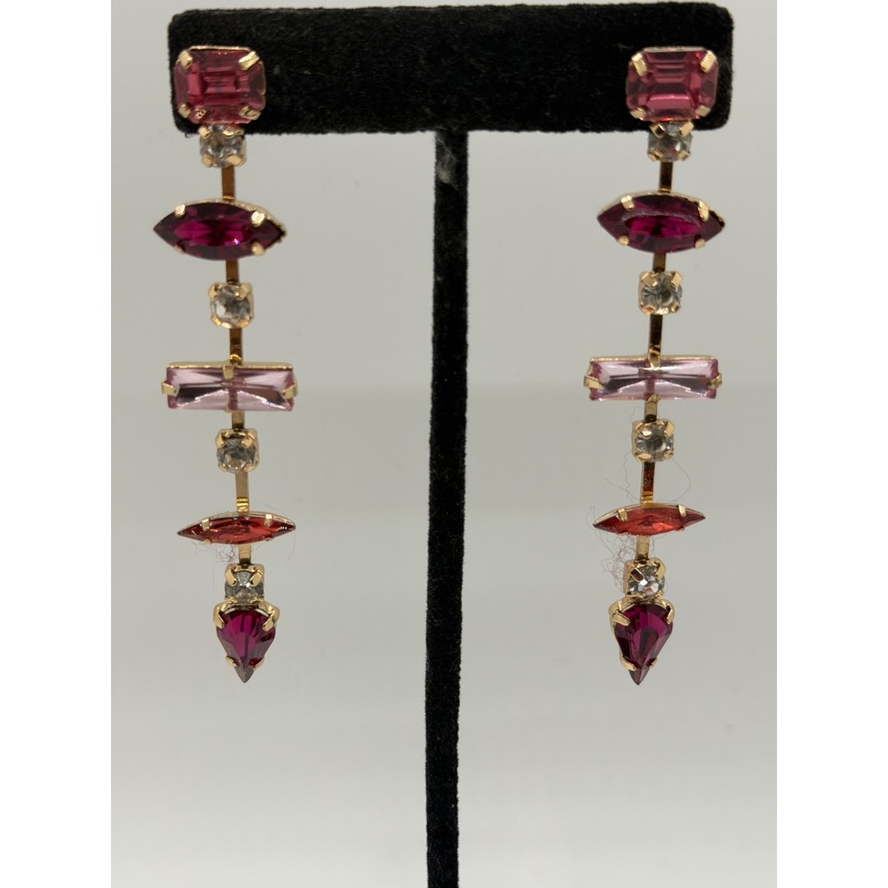 Gold Tone Pink Red Multi Crystal Geometric Linear Drop Dangle Earrings Post Back